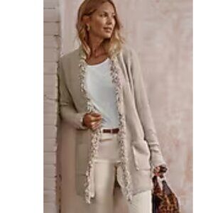 J.Jill Fringe Trim Open Front Cardigan Sweater  - Size XL